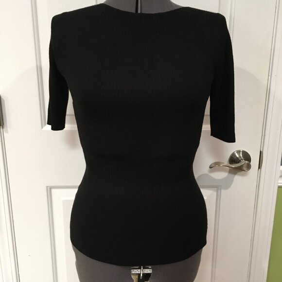 NWT Ann Taylor Black Short Sleeve Sweater w/Ribbed Boat Neck & Waist Detail Sz M - Picture 2 of 9